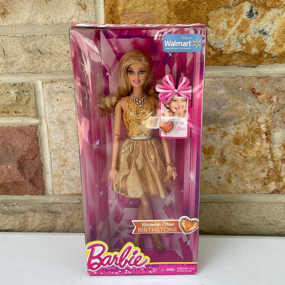 Rare Mattel 2014 Barbie November Citrine Birthstone Doll Gold Dress Accessories